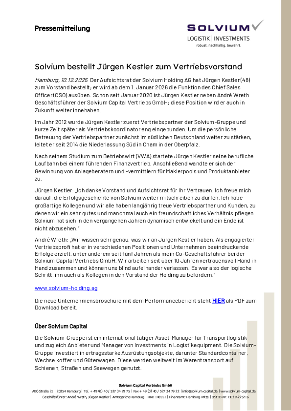 PM Solvium Capital -- Solvium bestellt Jürgen Kestler zum Vertriebsvorstand